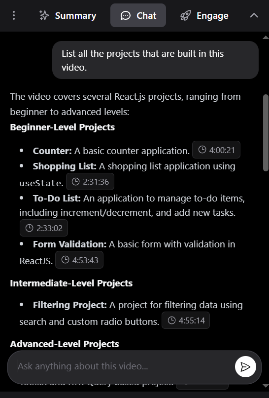 Chat interface showing conversation with AI about video content